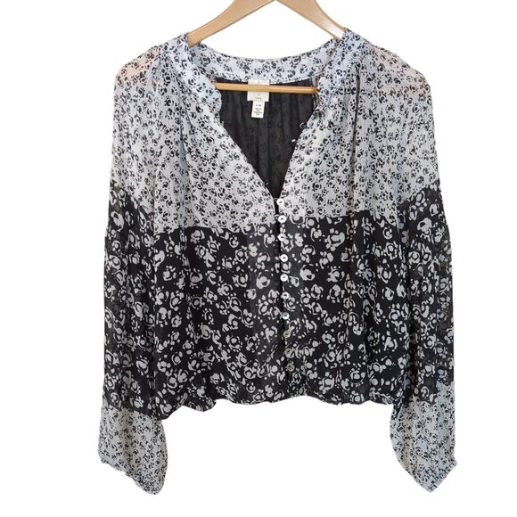 Joie Caillie Black & White Floral Chiffon Peasant Top Blouse Puff Sleeves V-Neck - Picture 2 of 13